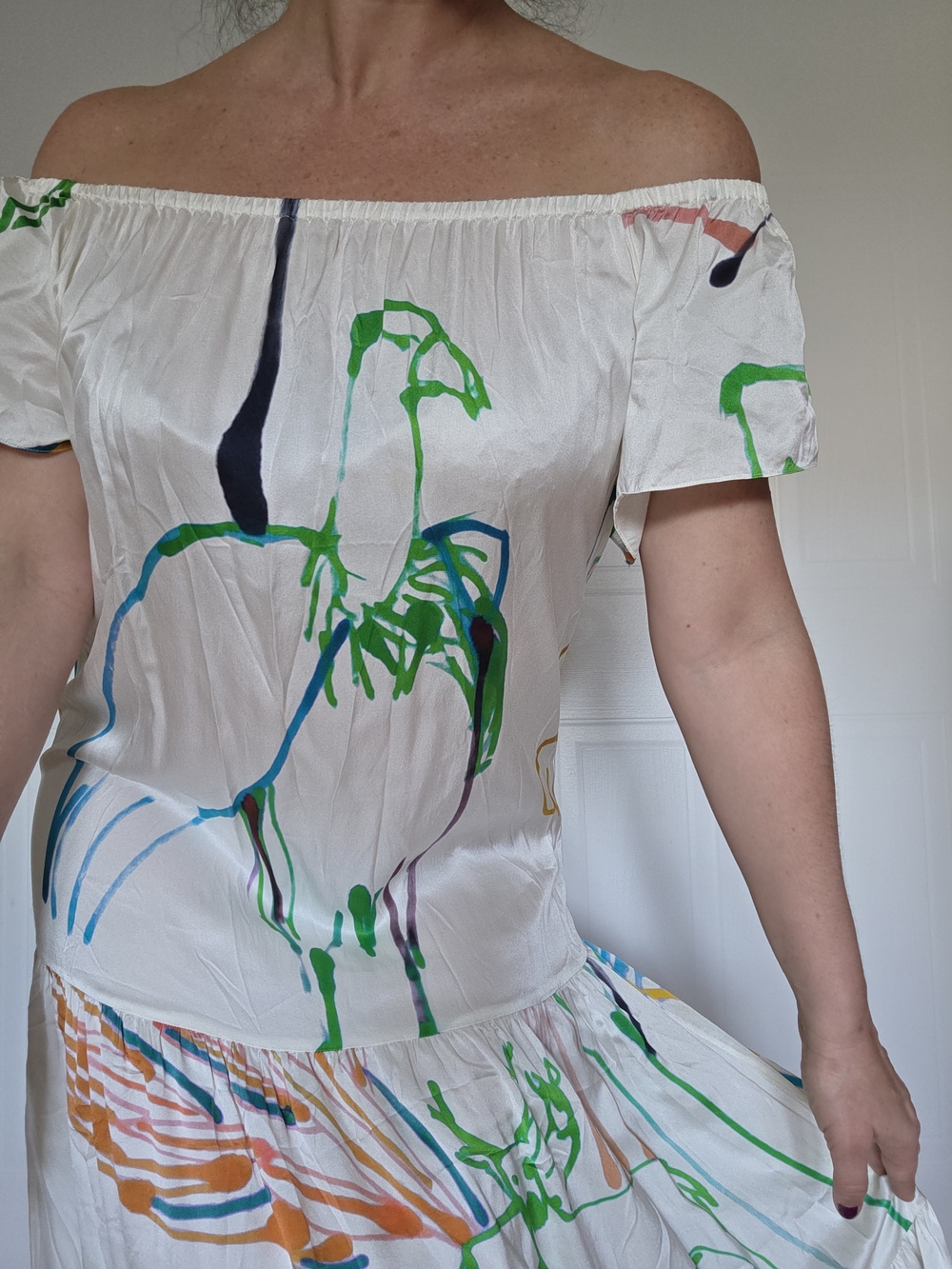 Solar 100% Silk Abstract Art Print Off Shoulder Maxi Dress | M-L